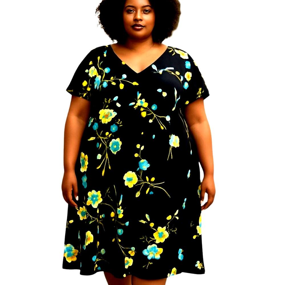 Le Bos 24W Black Women's Floral Short Sleeve Maxi BOHO Dress Plus Sz 3X 3XL XXXL